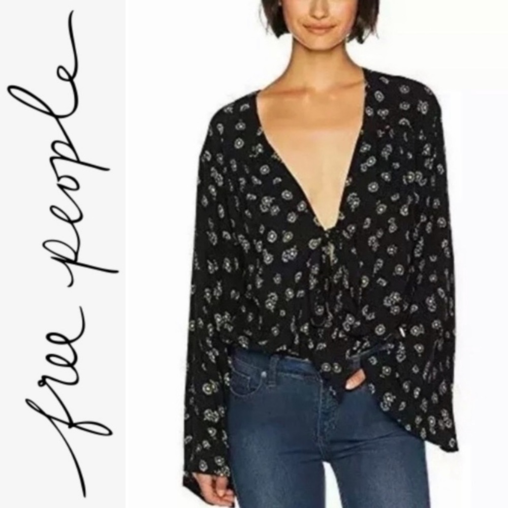 Free People Intimately Forties Feels Black Daisy Print Bodysuit- S